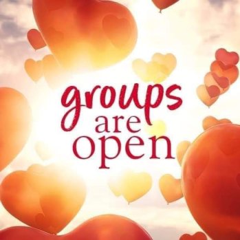 A sunny sky with heart shaped balloons and text in the centre reading 'Groups are open'