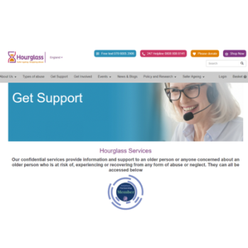 A screenshot of the hourglass website featuring a women with a telephone head set
