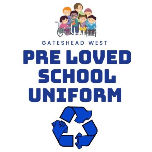 Logo. Reads: Gateshead West Pre-Loved Uniform Scheme. Cartoon of children and a recycling symbol.