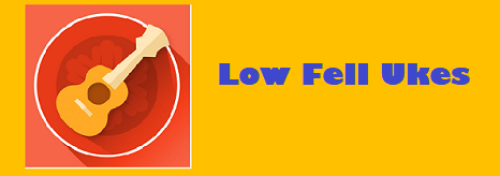 Cartoon of a ukelele next to text reading 'Low Fell Ukes'