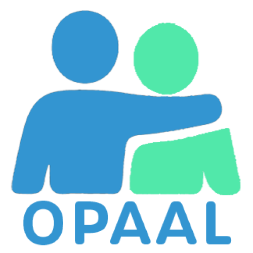 Two illustrated figures, one blue and one green. The blue figure has their arm around the green figure. Underneath are the letters O P A A L to represent the Older People's Advocacy Alliance