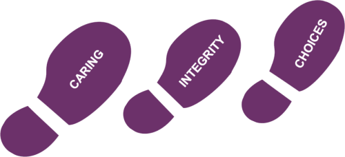 Logo showing 3 footprints with the words Caring, Integrity and Choices