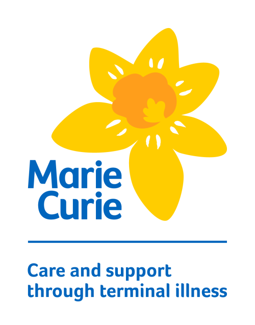 Large yellow daffodil with Marie Curie care and support through terminal illness written in blue underneath. 