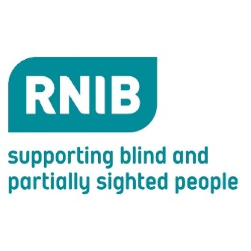 RNIB letters in white on turquoise, Supporting Blind and Partially Sighted People