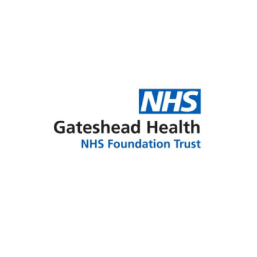 QE Hospital Gateshead logo - blue NHS logo with Gateshead Health written in black underneath.