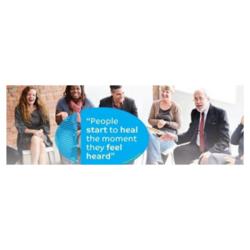 Group of people talking with a blurb in the middle