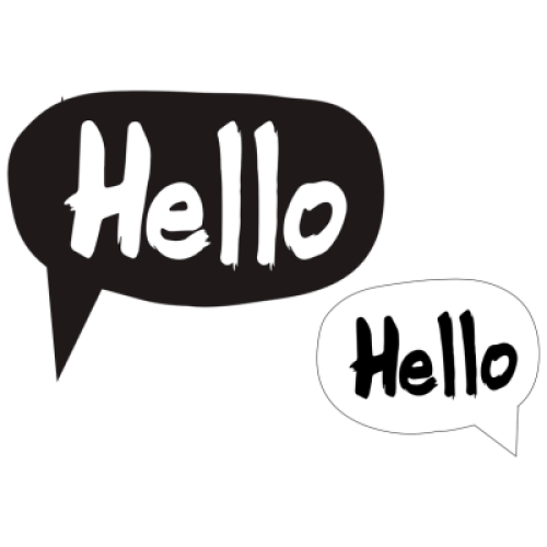 Two speech bubbles saying hello, one bigger white on black and one smaller black on white.