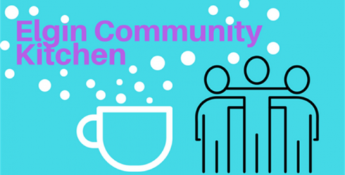 Elgin Community Kitchen logo - three stick figures linking arms, a large coffee cup