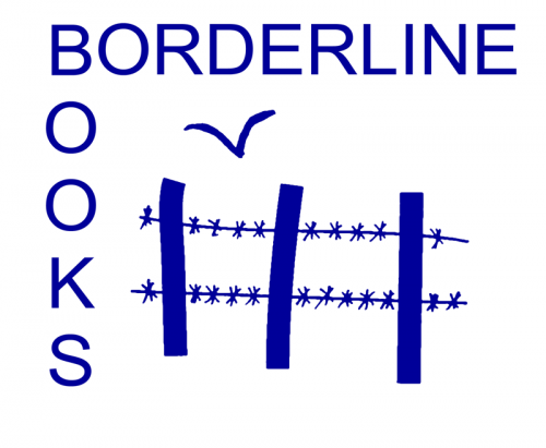 Borderline Books written in capital blue letters on white background with image of bird flying over a barbed wire fence.