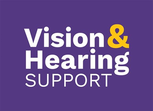 Vision and Hearing Support logo with white writing on purple background.