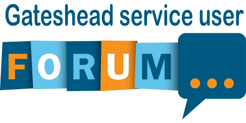 Shades of blue and orange logo with words Gateshead Service User Forum on