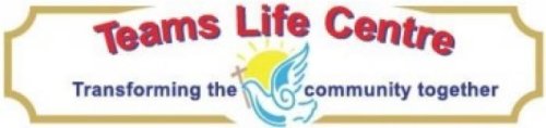 Teams Life Centre logo including a dove holding a cross in front of the sun.