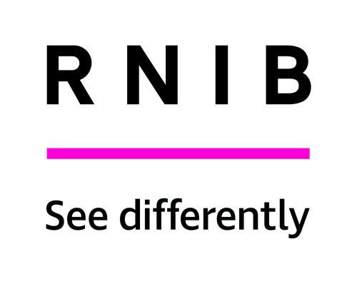 RNIB written in black capital letters, see differently written underneath a pink neon line.