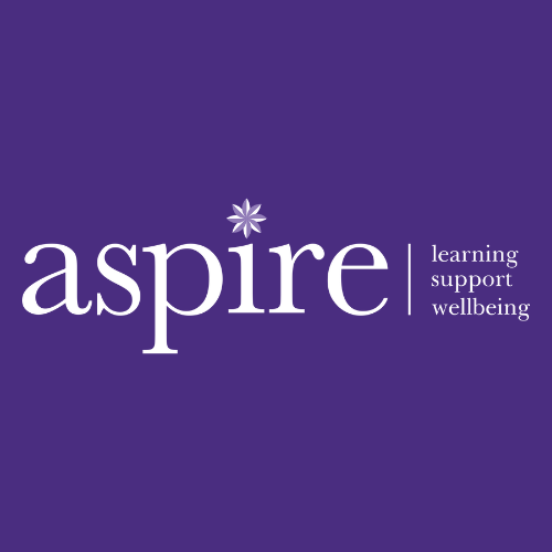Aspire written in white on purple background