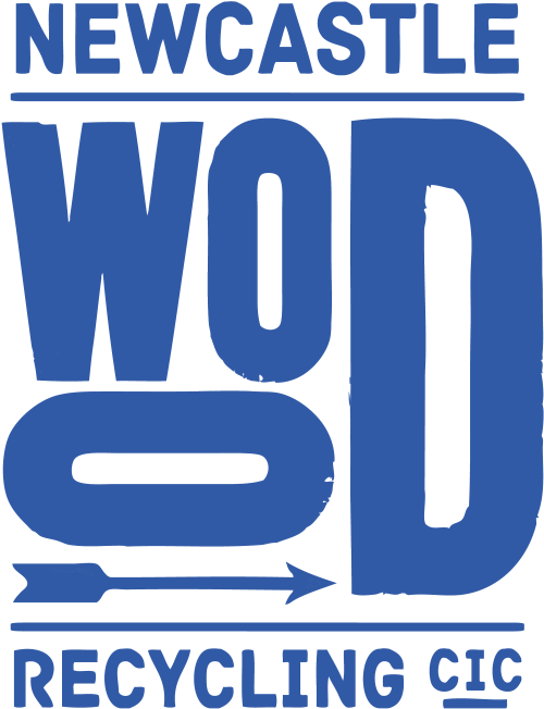 Newcastle Wood Recycling logo blue writing on white background.