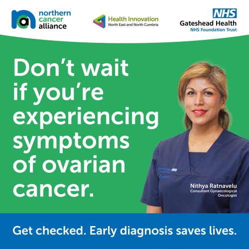 NCA Ovarian Cancer image showing An image of Nithya Ratnavelu, consultant Gynaecological Oncologist on a green background