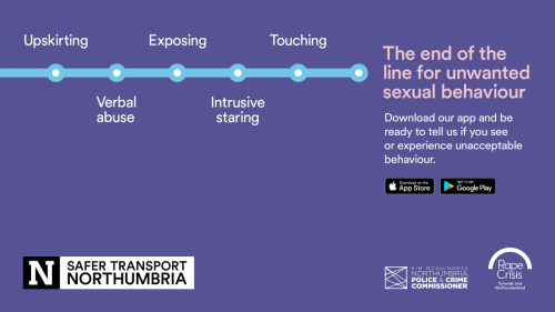 Bus stop map with each destination labelled with a different form of abuse - upskirting, verbal abuse, exposing, touching, intrusive staring. 'The end of the line for unwanted sexual behaviour.' logos for Kim McGuinness Police and Crime Commissioner, Rape Crisis, and Safer Transport Northumbria