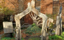 A photo of the library garden. There is a tall, wooden arch in the middle of the garden with benches in a circle.