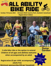 Poster in red and yellow showing smiling people on a bike ride.