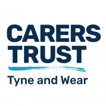 Logo for Carers Trust in blue capital letters with Tyne and Wear written underneath in lowercase.