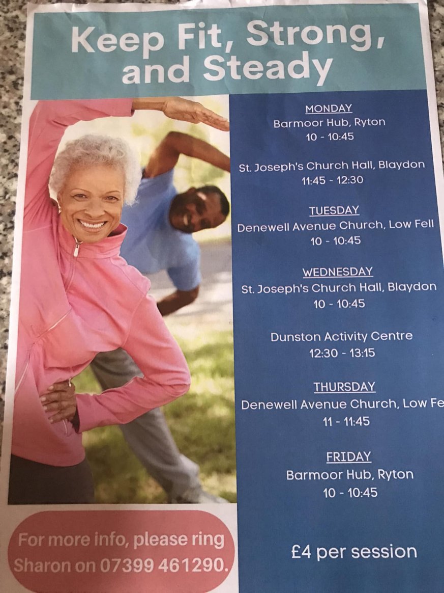 A photo of a leaflet showing an exercise class