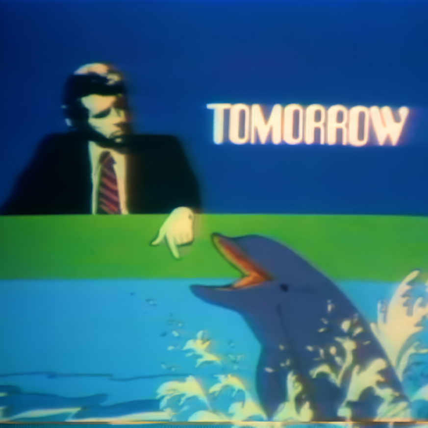 A man in a suit points at a dolphin as it splashes in the water.