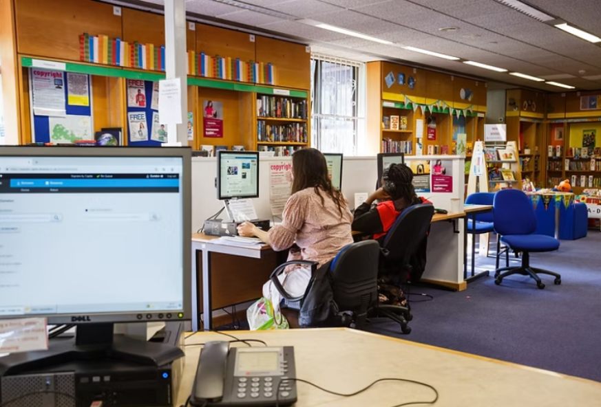 A library with computer work stations