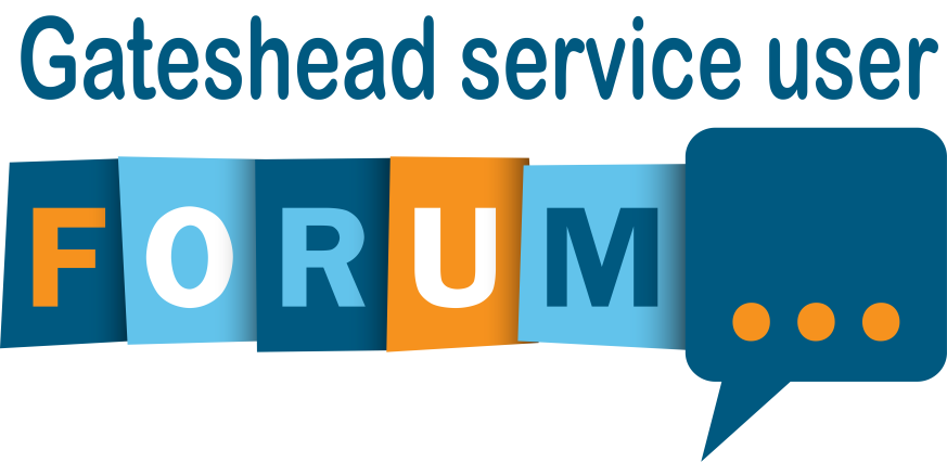 Logo for forum in shades of blue and orange writing Gateshead Service User Forum