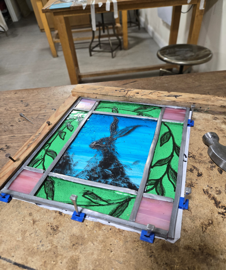 stained glass in a workshop