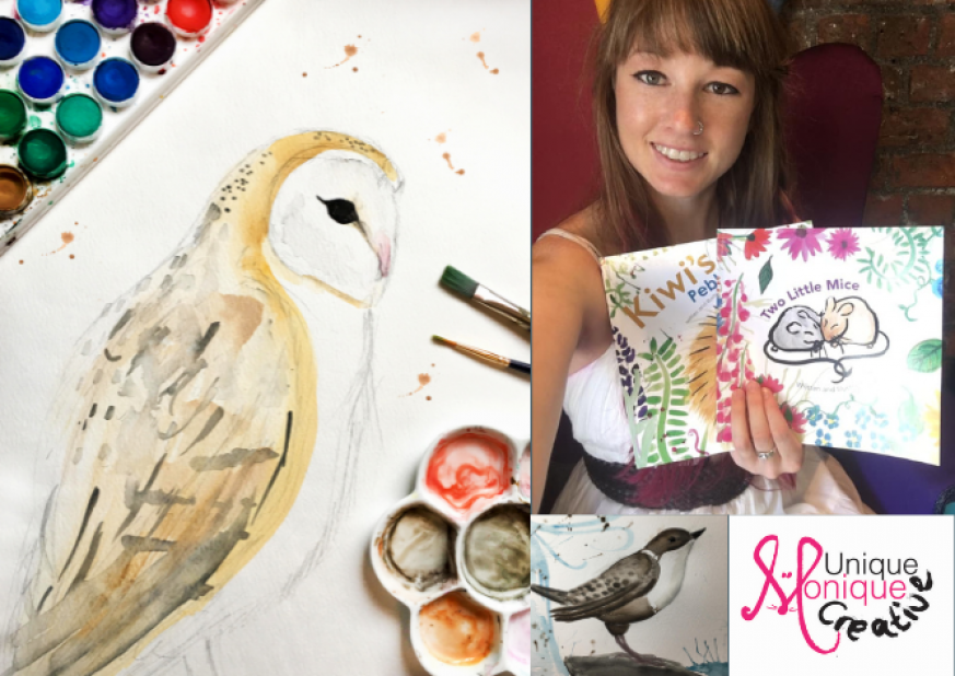 Watercolour owl painting and a pic of the artist with her 2 books