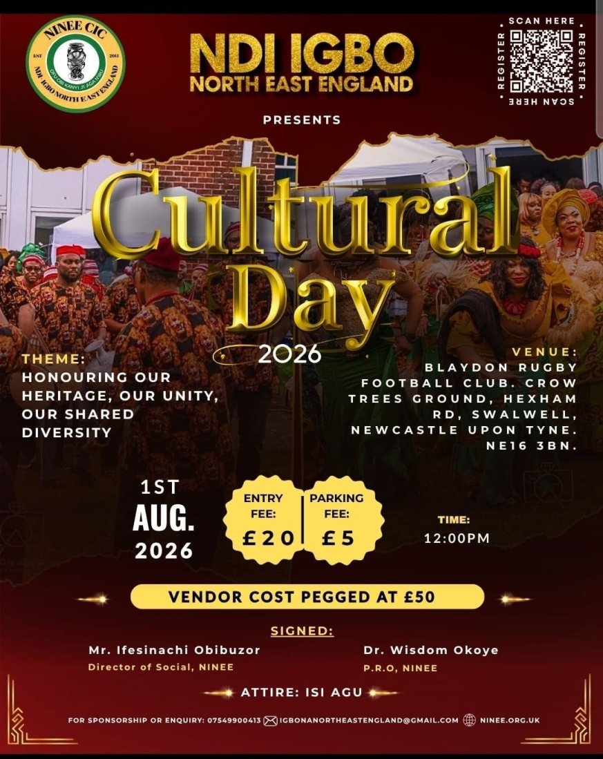 The Igbo in the Northeast of England - a tribe from Southeast of Nigeria - invites you to this year's Igbo Cultural Day - Experience a colouful day of festivities, food, music, dance, masquerades and more