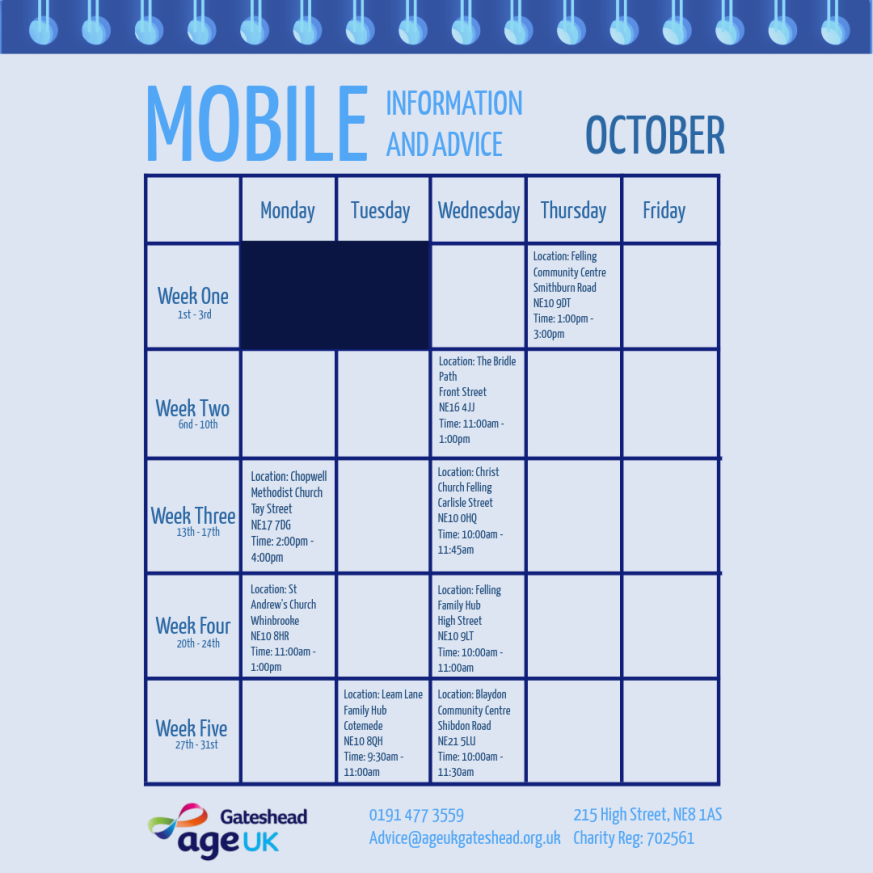 October Mobile Information and Advice Timetable