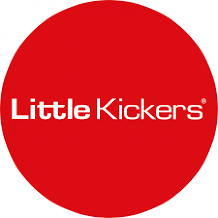 the words Little Kickers, written in white in a dark red circle