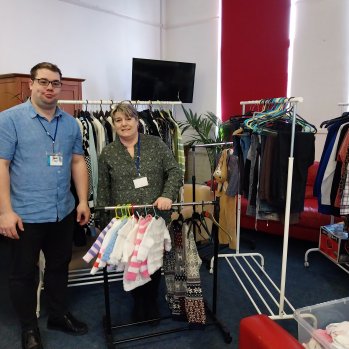 Thomas and Michelle at the Carers Trust Tyne and Wear pop-up charity shop