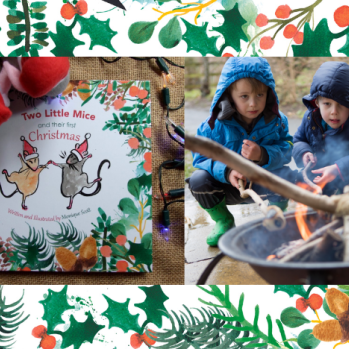two little mice storybook and children toasting marshmallows over a fire pit