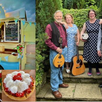 Collage of 4 photo's made up of the lemon and blue Crepe van, a folded filled crepe, and a topped waffle.  Then a group of 4 musicians, 2 men and 2 ladies.