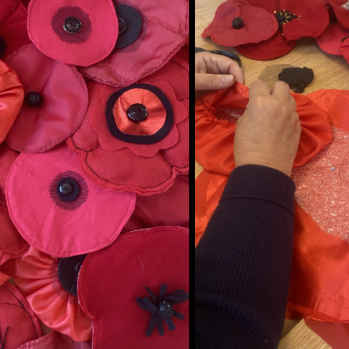 Split photo with multiple complete handmade poppies on one side and a table with with some completed poppies to one side a handmade poppy in progress