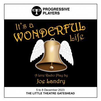 Poster for It's a Wonderful Life. Image is of a golden church bell with a pair of angel wings.