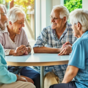 a picture of older people sitting around a table chatting  