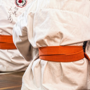 a photo of the back of someone sitting on the floor, dressed ready for a Karate session 