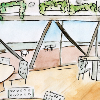 A darwing and watercolour of Baltic Front Room