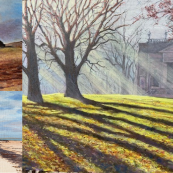 A collage of 3 paintings, 2 landscape and one beach painting