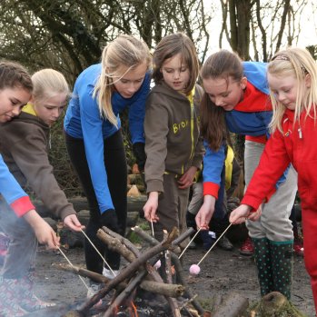 Rainbows, Brownies and Guides toasting marshmallows over a campfire
