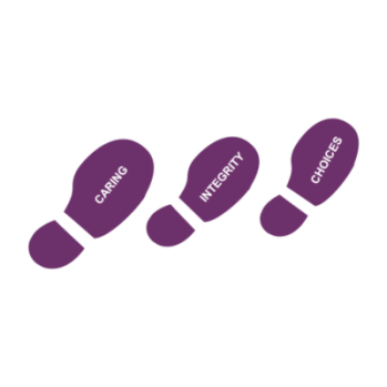 Logo showing 3 footprints with the words Caring, Integrity and Choices