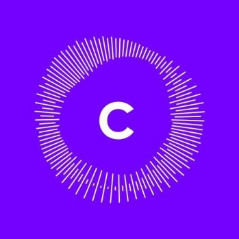 Sound waves around the letter 'C' on purple background