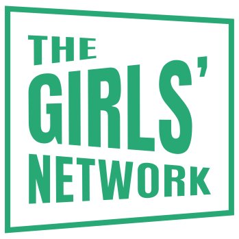 Green logo featuring the words "The Girls' Network" in bold capital letters inside a tilted green rectangular border.