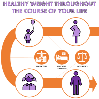 Colourful stick person drawings demonstrating 'Healthy weight throughout the course of your life'