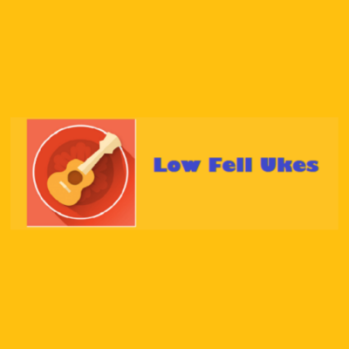 Cartoon of a ukelele next to text reading 'Low Fell Ukes'