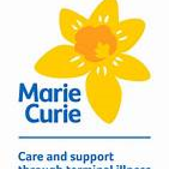 Large yellow daffodil, Marie Curie care and support through terminal illness written in blue underneath.
