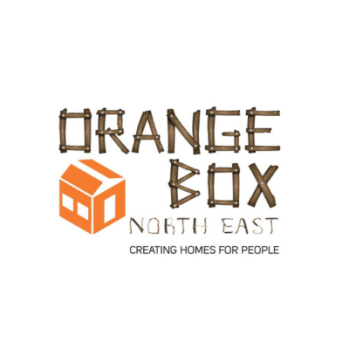 Orange Box written using sticks with small orange house in bottom left corner.